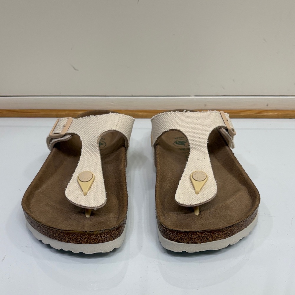 Birkenstock Gizeh Thong Sandals in Beige Canvas Like New Vegan footbed - Picture 2 of 9
